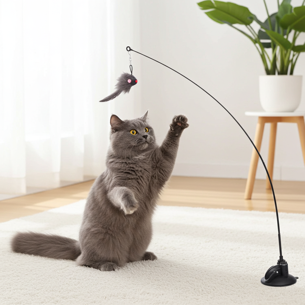 Cat Sucker Teaser Toy with suction cup base and colorful animal toppers for interactive cat play