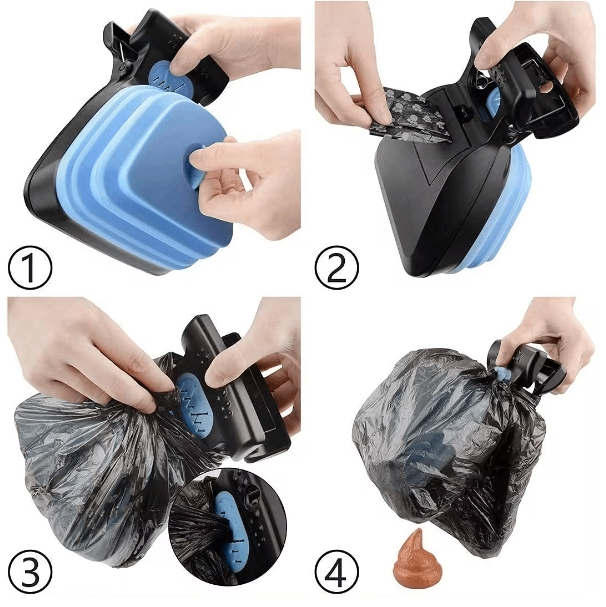 Blue foldable dog travel folding pooper scooper with ergonomic grip for easy pet waste cleanup