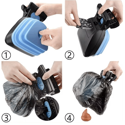 Blue foldable dog travel folding pooper scooper with ergonomic grip for easy pet waste cleanup
