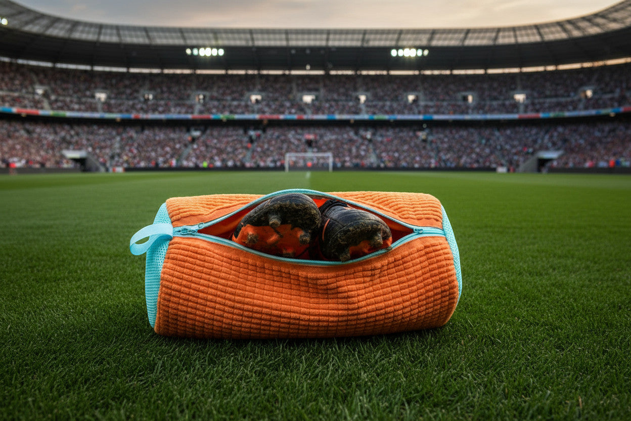 Orange sports shoe carry bag at the stadium