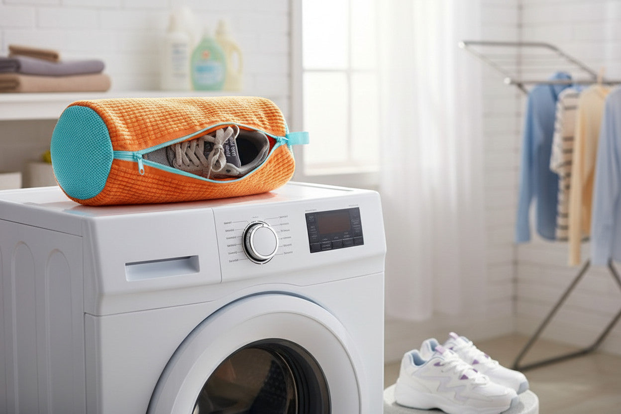 Orange protective shoe bag on top of washing machine