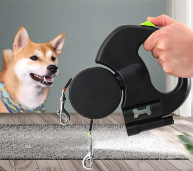 Auto Double Dog Leash with dual retractable leads for walking two dogs without tangles