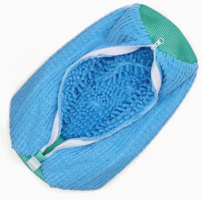 Blue shoe wash bag with padded microfiber interior protecting sneakers in the washing machine